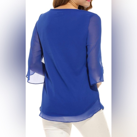 Royal Blue Casual ChiffonTop Scoop Neck 3/4 Sleeve Double Layer, Like New - Picture 3 of 10
